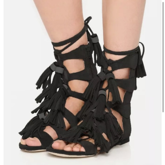 JEFFREY CAMPBELL REDONDO Black Fringe Low Heel Flat Gladiator Sandal 7.5 - Picture 2 of 14
